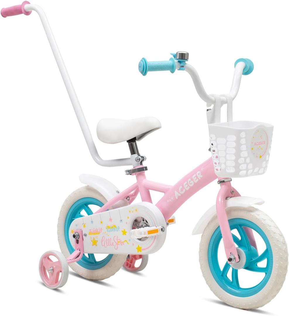 ACEGER 12" Kids Balance Bike with Basket, Toddler Bicycle for Early Learning Leg Strength and Steady Balancing, Durable Frame&Tool-Free Adjustable Seat, Gift Bike for 2-5 Kids, No Brake (pastel duo)