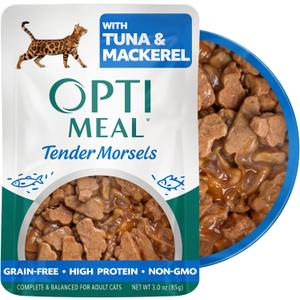 Optimeal Wet Cat Food Grain Free - Tuna & Mackerel Tender Morsels, High Protein Premium Nutrition Made with Natural European Ingredients, Adult Cat Pouches 3oz (Pack of 12)