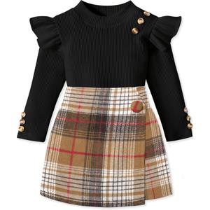 Toddler Girl Clothes,Girls Outfits Long Sleeve Ruffle Button Tops + Plaid Skirt Shorts + Hat 3Pc Little Girls Clothes (4-5T, Black+brown Plaid)