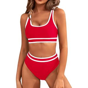 BMJL Women's High Waisted Bikini Sets Sporty Two Piece Swimsuits Color Block Cheeky High Cut Bathing Suits (Large, Red)