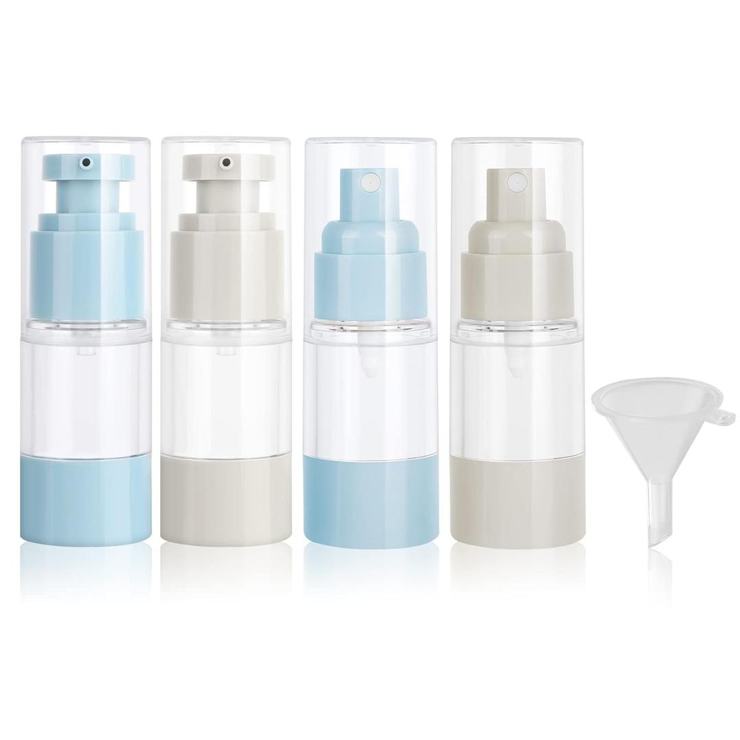 Pwsap 4 Pack 1/2 oz (15ml) Vacuum Cosmetic Travel Container - Spray and Pump Travel Bottles with Funnel Tsa Approved Airless Leak Proof Kit