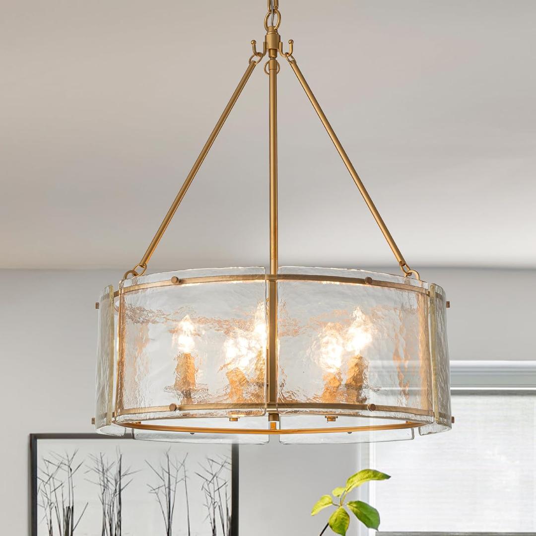 20.47" Glass Gold Chandeliers for Dining Room,Drum Dining Room Light Fixtures Over Table,Hanging Pendant Light for Hight Ceiling,Foyer,Living Room,Entryway,Kitchen