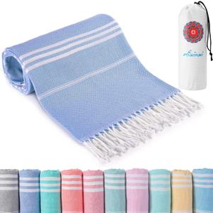 Turkish Beach Towels Vacation Essentials with Bag Quick Dry Sand Free Soft Absorbent Adult Bath Pool Swim Long Wide Stripe Towel Cloud Linen Sandfree Mat Summer Thing Lightweight Thin Travel Blue (72 X 36 Inch)