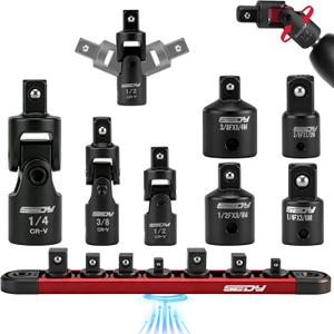 Universal Joint Socket Reducer: 7-Piece Impact Wobble U Joint & Adapter Set with Magnetic Aluminum Storage Rail - Premium Cr-V Steel 1/4", 3/8" & 1/2" Drive