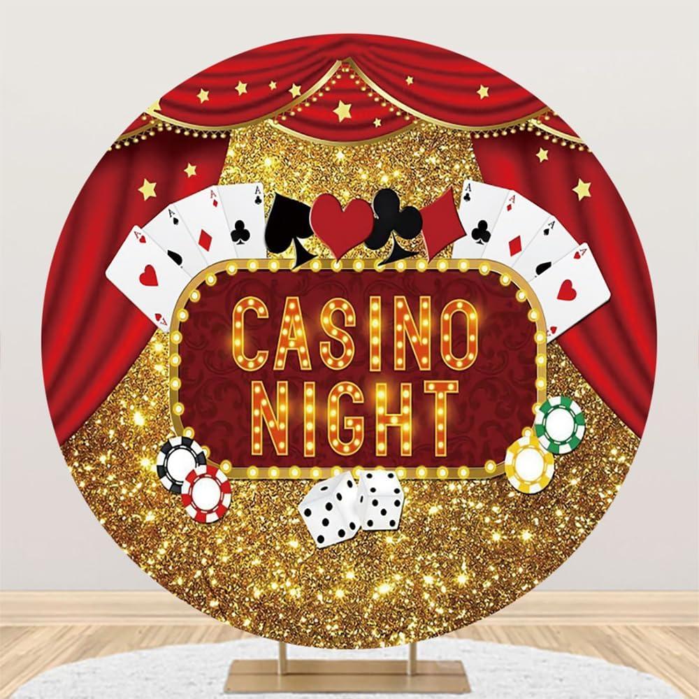 Casino Round Backdrop Cover Casino Theme Party Decorations 7.2ft Las Vegas Backdrop for Photography Gold Red Glitter Birthday Circle Background Photo Booth Props