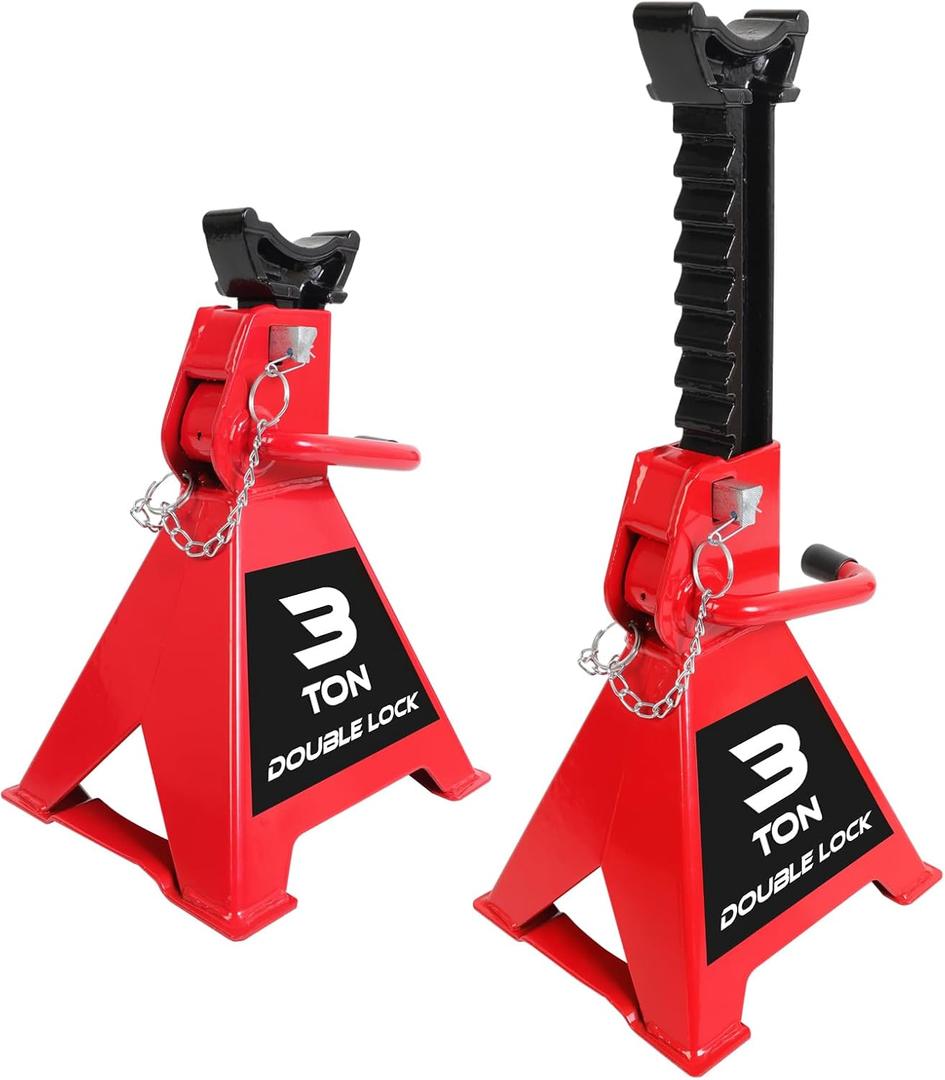 BIG RED Torin 3 Ton Steel Heavy Duty Jack Stands: Double Locking Pins - Red, 1 Pair (2 Pack)