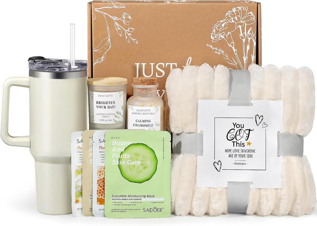 Birthday Gifts for Women Self Care Gifts Get Well Soon Gifts, Relaxing Spa Gifts Basket Care Package w/ Luxury Flannel Blanket 40 oz Tumbler, Mother's Day Gifts for Her Wife Mom Friends Sister