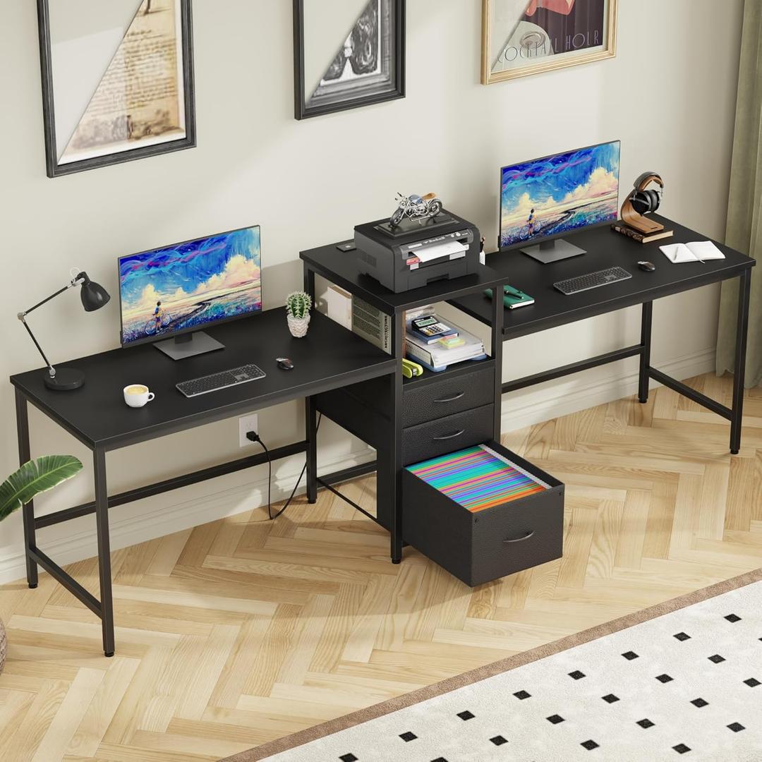 93'' Two Person Desk with Charging Station, Long Desk with 3 Drawers and Printer Shelf, Double Computer Desk, Fabric Drawers, 2 Person Writing Study Table Workstation for Home Office, Black