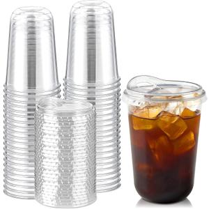 Round Bottom Clear Plastic Cups with Sip Lids, 50 Sets, 16 Oz Disposable Iced Coffee Cups with Strawless Lids To Go Cold Drink Cups for Smoothies, Juices, Party Catering