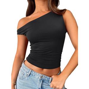 Trendy Queen Women's Off The Shoulder Crop Top, Sleeveless Stretchy Bodycon Tank, Y2K Fashion Sling T-Shirt for Summer Black,  Small