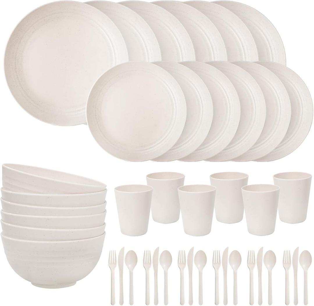 EI 42pcs Wheat Straw Dinnerware Set,Plates and Bowls Sets,Reuasble Plate,Unbreakable Dinner Plate for 6,Microwave Dishwasher Safe,College Dorm Room Essentials Dishes Sets-Bowls,Plates,Cups,Cutlery