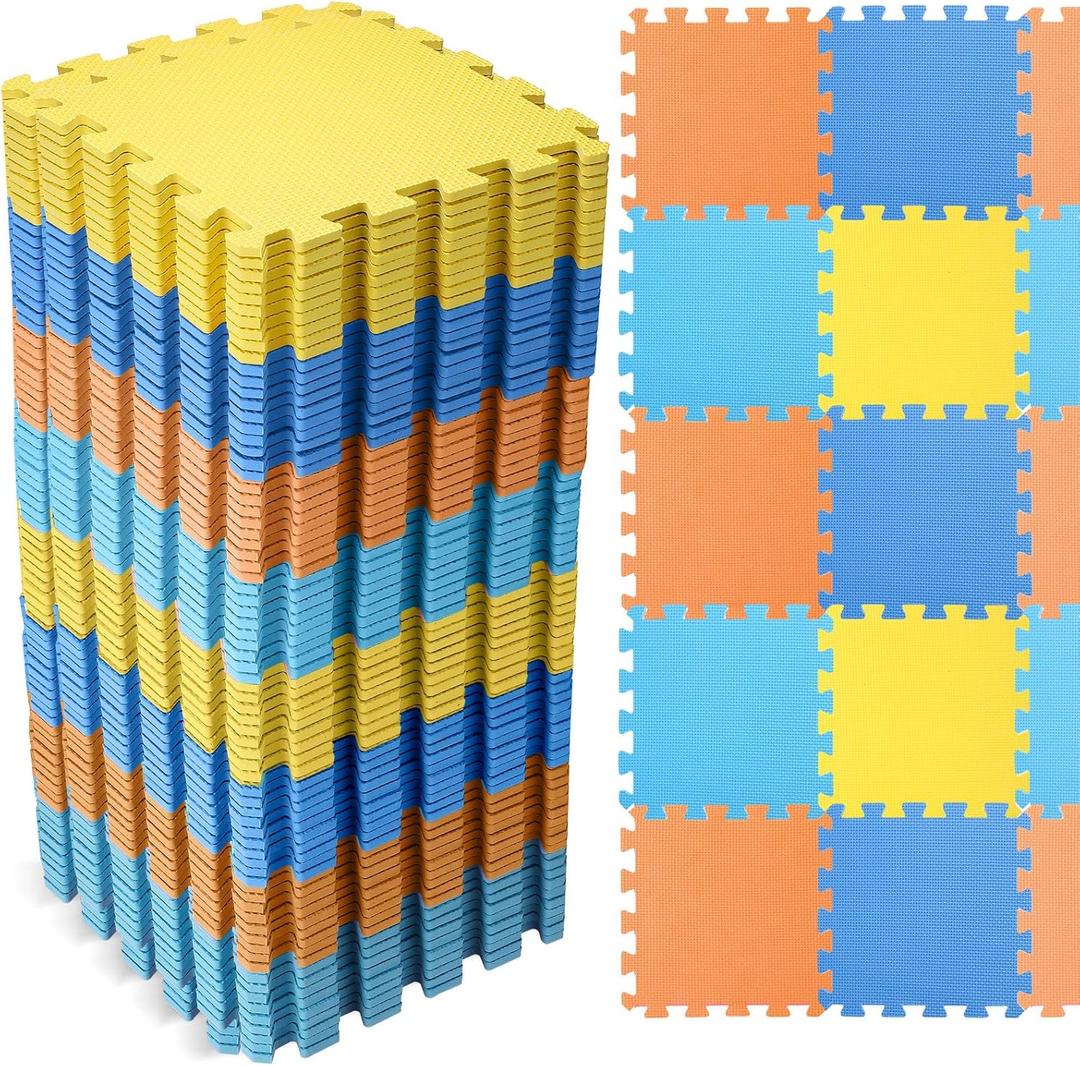 Nuanchu 60 PCS Kids Foam Puzzle Floor Mat Bulk - Solid Color Foam Play Mat with Borders Interlocking Multi Use Floor Rug for Children, 12 Inch(Dark Blue, Light Blue, Orange, Yellow), 120 x 120 inches