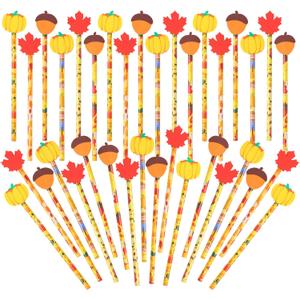 Kolewo4ever 100 Pieces Thanksgiving Pencils Scarecrow Turkey Pencils with Giant Maple Leaves Pumpkins Acorns Eraser Assortment Fall Stationery Pencil for Thanksgiving Party Supplies