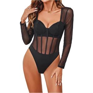 SweatyRocks Women's Sheer Floral Lace Long Sleeve Bodysuit Tops Sweetheart Neck Jumpsuit (Medium)