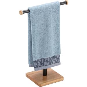 ZCDCP Hand Towel Holder Stand, T-Shape Stainless Steel Towel Rack for Bathroom Countertop with Wood Base, Black Freestanding Hand Towel Holder