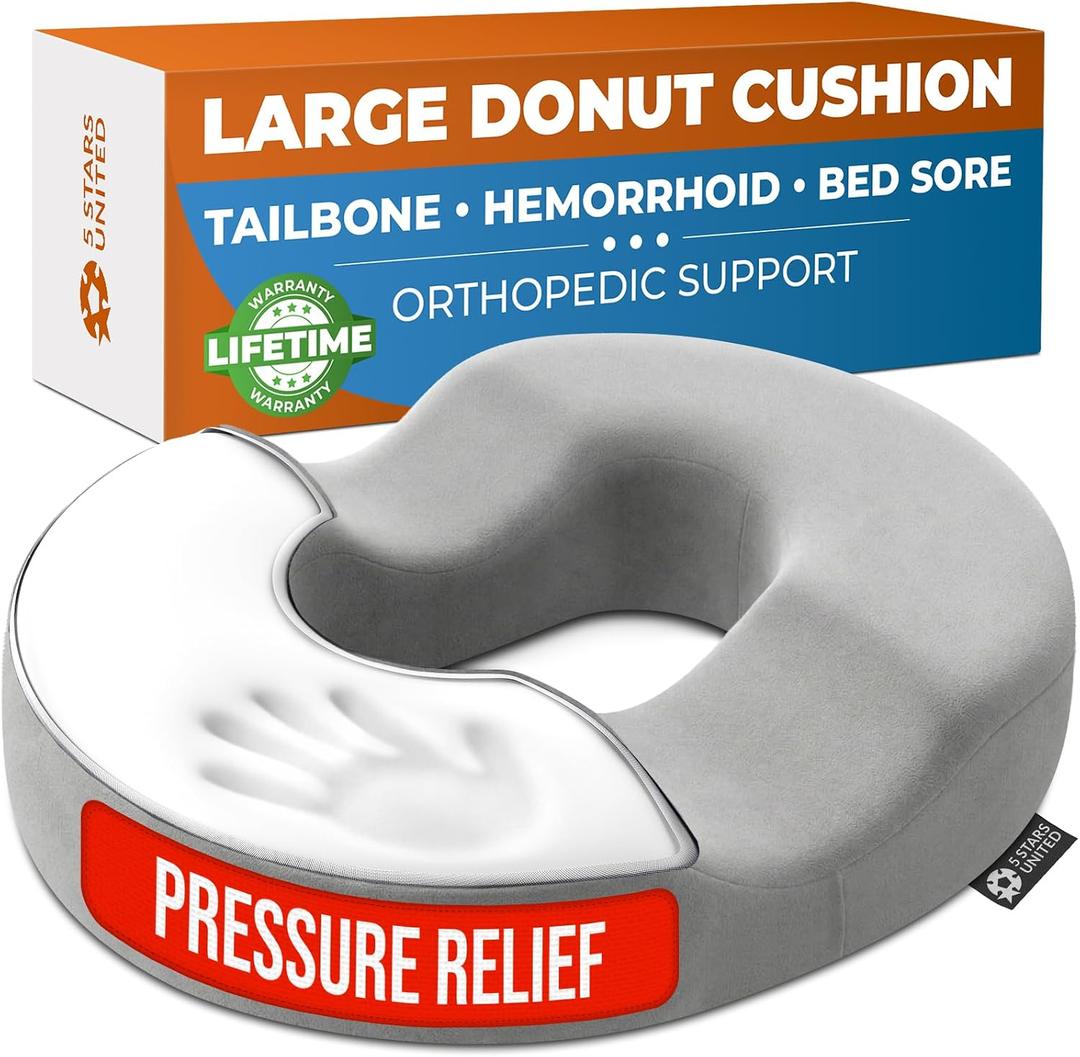 5 STARS UNITED Donut Pillow Hemorrhoid Tailbone Cushion Large Floor Cushion for Pain Relief Coccyx, Prostate, Sciatica, Pelvic Floor, Pressure Sores, Pregnancy, Postpartum Recovery, Light Gray