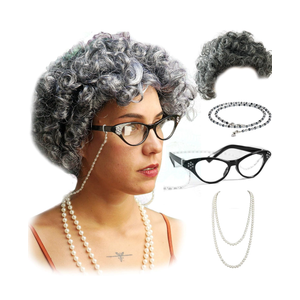 Vibe Old Lady wig Costume Set, Gray Hair Granny Wig with Pearl Necklace, Glasses, Glass Chain Accessories, 5 pieces Total