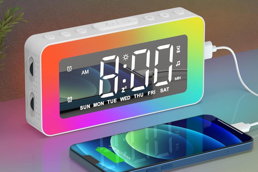 Alarm Clocks for Bedrooms, Mirror Clock with 8 RGB Atmosphere Light, Dual Alarms, 3 Alarm Modes, Snooze, Sleep Aid, Timer, USB Charger, Bedside Digital Alarm Clock for Kids, Adults, Heavy Sleepers