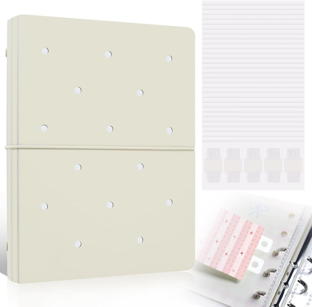 Refillable A5 Binder 6 Ring Cover for Planner Budget Journal Notebook Making with 300 PCS Binder Sheet Converter Sticker, Loose Leaf Cover with 25mm Inner Diameter Ring (Perforated-beige)