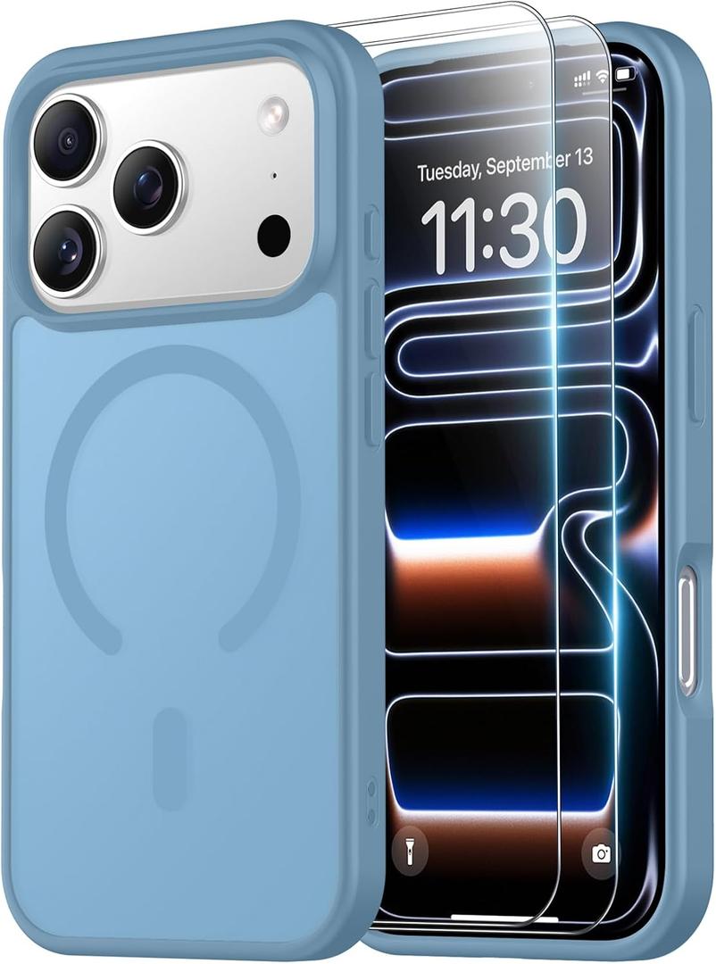 SPIDERCASE Magnetic for iPhone 17 Pro Max Case, with 2PCS Tempered Glass Screen Protector Translucent Matte Case Anti-Scratch Anti-Fingeprint Slim Phone Case for iPhone 17 Pro Max 6.9''Light Blue