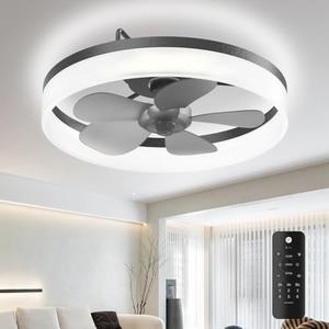 MOTCTQVD Ceiling Fans with Lights, 19.7'' Flush Mount Ceiling Fan with Lights and Remote, 3000K-6000K Dimmable Modern Low Profile Ceiling Fans for Bedroom Living Room, 6 Speeds Fandelier LED Fan Light