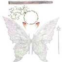 Fairy Wings for Adults and Girls，Fairy Costume Set with Floral Garland, Fairy Hair Tinsel, Wand & Elf Ears – 29"x21" Organza Butterfly Wings – Ideal for Cosplay, Party, Silver