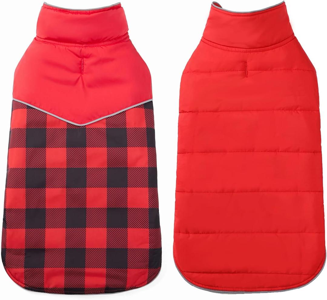 Geyecete Reversible Plaid Dog Winter Coat - Water Resistant, Soft, Warm - Leash Hole - Red - L