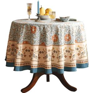 patdrea Designer French Linen Blue Round Table Cloth,Vintage Floral Tablecloth,Colorful Decoration Fall Table Cover Kitchen Dining for Tea Party,Thanksgiving, Christmas,Diameter 67"-Wensel