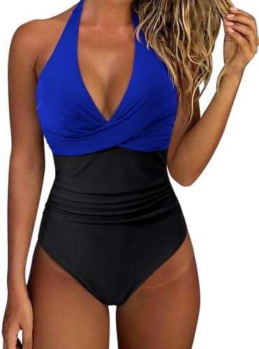 SUUKSESS Women Sexy Tummy Control One Piece Swimsuits Halter Push Up Bathing Suits,M