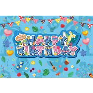 Happy Birthday Backdrop, 5x3ft Tropical Hawaiian Cartoon Theme Party Banner Blue and Pink Birthday Decorations Wall Decor for Kids Boys Girls Baby Shower Shower Summer Beach Party Supplies