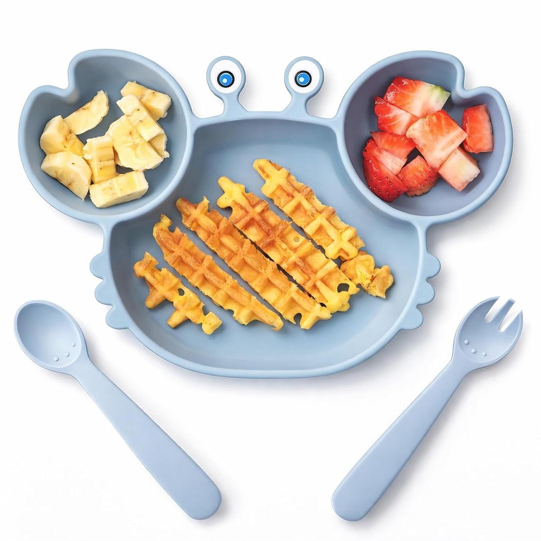 ROCCED Suction Plates for Baby, Silicone Plates with Suction Divided, Baby Spoon Fork Set for Toddler Baby Dishes Kids Utensils-Crab Dusty Blue