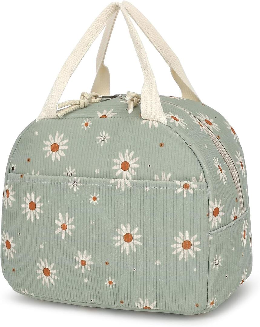 Corduroy Lunch Bag for Women Girls Lunch Tote Bags Reusable Insulated Lunch Box for Work Picnic School Travel (Green Corduroy - Daisy)