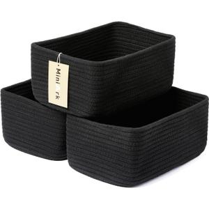 MiniArk Small Storage Baskets for Organizing | Closet Organizer Bins | Shelf Toy Basket | Woven Rope Baskets | Cube Decorative Box | Shallow Basket | 11.5x7.5x4.7 | 3 Packs Black