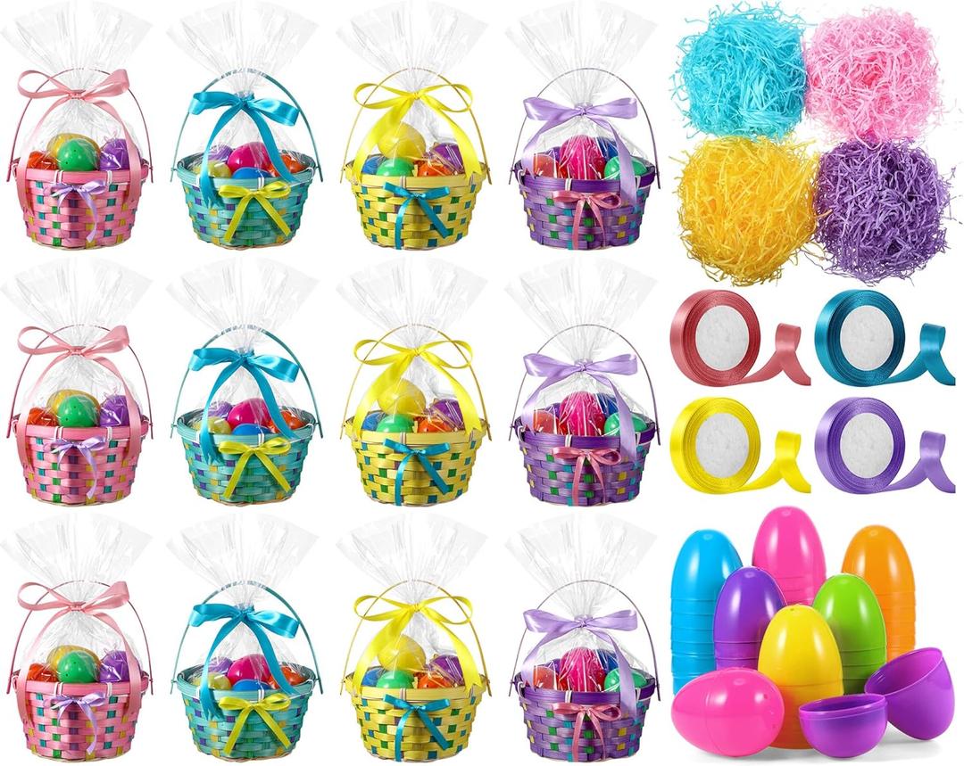 Hungdao Easter Bamboo Basket Sets Include Bulk Wiker Woven Basket with Handle,Raffia Grass Shred Paper,fillable Easter Eggs,Ribbon, Cellophane Bag for Kids Eggs Hunt Game Picnic Party Favors(12 Pack)
