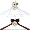 2 Pack Bride Hanger Groom Hanger Wedding Hangers with Ribbon Bow for Wedding Dress Suit Bride Gift(Brown, White,Flower)