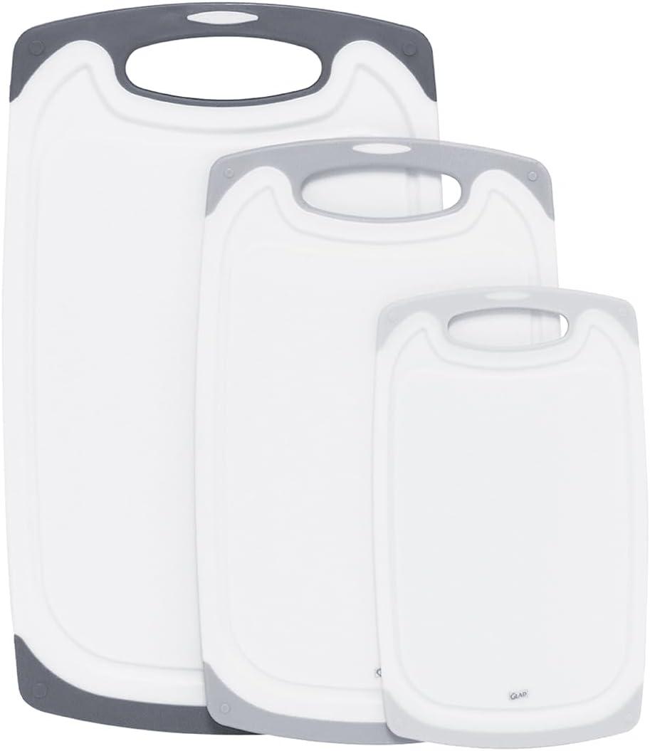 Glad Cutting Boards for Kitchen - 3pc Cutting Board Set with Juice Grooves and Non Slip Handles - Assorted Sizes for Meat, Vegetables, and Fruit - Non Porous, Dishwasher Safe, Grey (Gray)