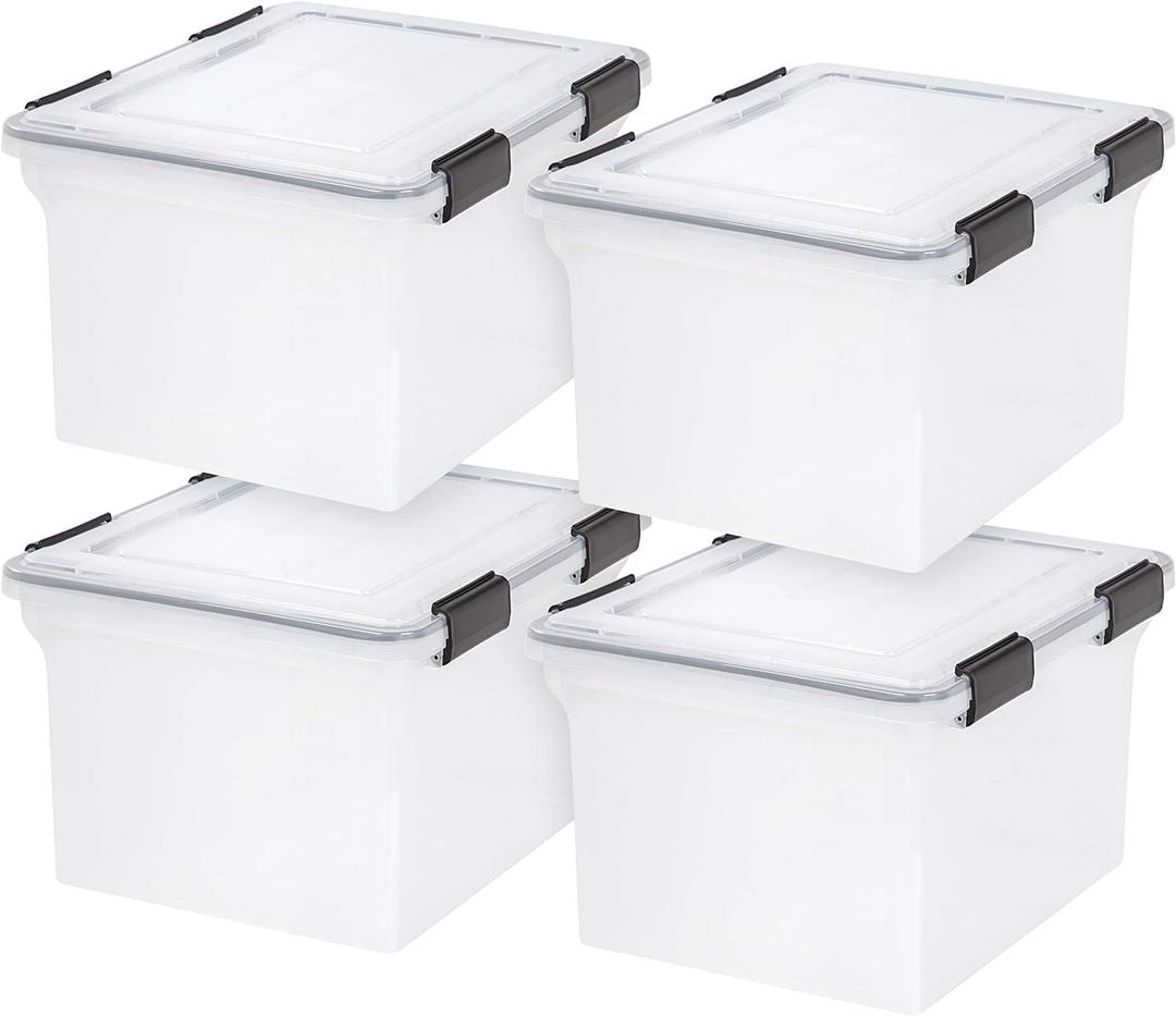 IRIS USA File Box WeatherPro File Organizer Plastic File Box for Letter/Legal File, Water Resistant Document Box, Durable Lid, Seal w/Secure Latching Buckles, Stackable, Nestable, Clear 32 Qt. 4Pack