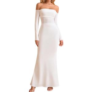 KUTUMAI Off Shoulder Tie Formal Wedding Guest Dresses for Women Fall Long Sleeve Bodycon Lace Up Maxi Dress (White, M)