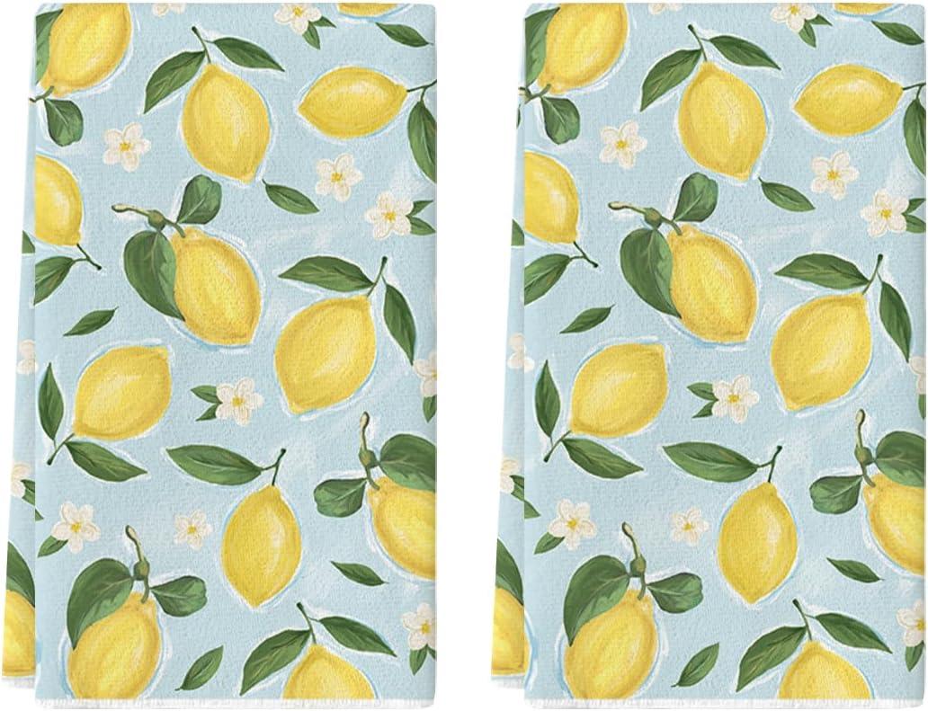 Artoid Mode Blue Lemon Flower Floral Summer Kitchen Towels Dish Towels, 18x26 Inch Seasonal Spring Decoration Hand Towels Set of 2