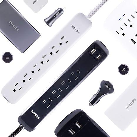 Philips 4 Outlet Power Strip Surge Protector with 2 USB Ports, 4 Ft Power Cord, Designer Braided Extension Cord, Flat Plug Extension Cord, Perfect for Office or Home Decor, 720 Joules, 2.4A USB, SPC62