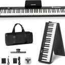 Portable Piano Keyboard, Semi-Weighted Folding Digital Piano 88 Key, Full Size, Wood Grain, Electric Piano Keyboard w/MIDI Bluetooth, Suitable for Adult, Toddler, Kids (Black)