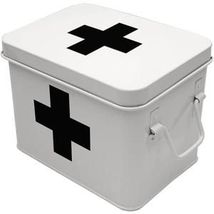 Lassos Boutique Retro Enameled First Aid Box for Medicine Storage and Home Decor with Lid and Removable Tray (White/Black)