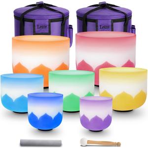 Leize 6-12 inch Lotus Design Colored Rim Tuned 432hz Set of 7 Quartz Crystal Singing Bowls with Heavy Duty Carrying Cases and Singing Bowl Mallet Suede Strikers
