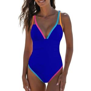 popvil Women's One Piece 2025 Tummy Control Swimsuits Neon Color Block Swimwear Deep V Neck Slimming Bathing Suit SizeM