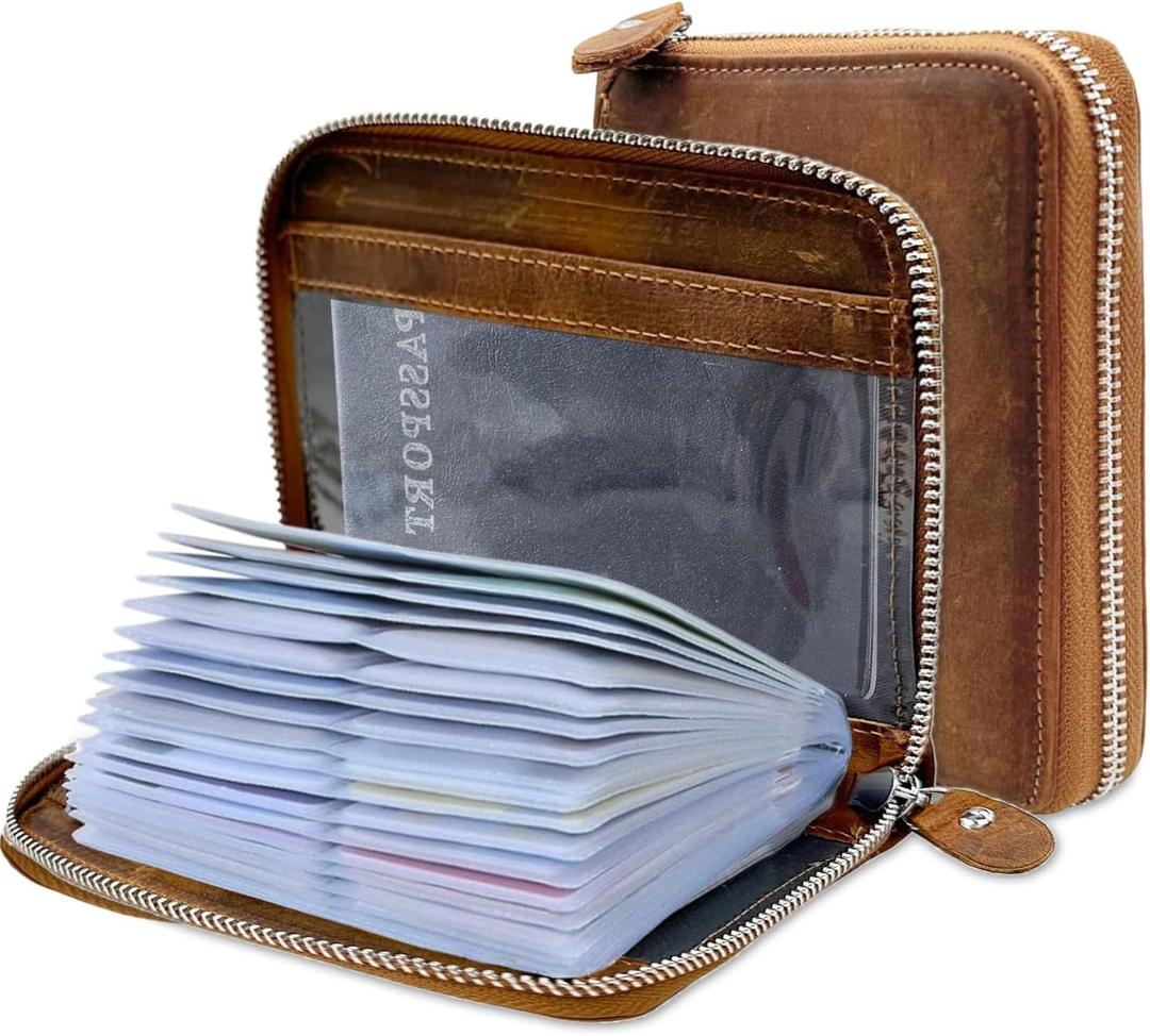 Credit Card Holder Wallet Large Leather Passport Case 42 Card Slots (Crazy Horse Leather - Coffee)