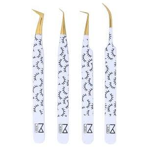 M LASH Tweezers for Eyelash Extensions (Set of 4)  Professional Lash Extension Tweezers  Fiber Tip, Japanese Steel, Diamond Grip Eyelash Extension Tweezer set (WL)