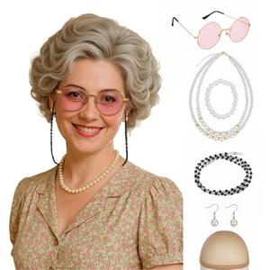S-noilite 7PCS Old Lady Wig Set,Gray Wavy Realistic Style Grandma Costume Wig for 100 Days of School Cosplay Halloween Party(Granny Wig/Cap/Glasses/Glasses Chain/Necklace/Bracelet/Earrings)