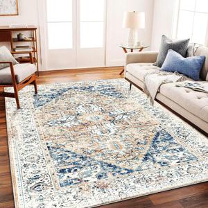 Retro Washable Area Rug 4X6 Washable Living Room Boho Chic Medallion Distressed DesignIndoor Non-Slip Large Accent Throw Rug for Kitchen Bedroom Office Carpet (Taupe and Blue)