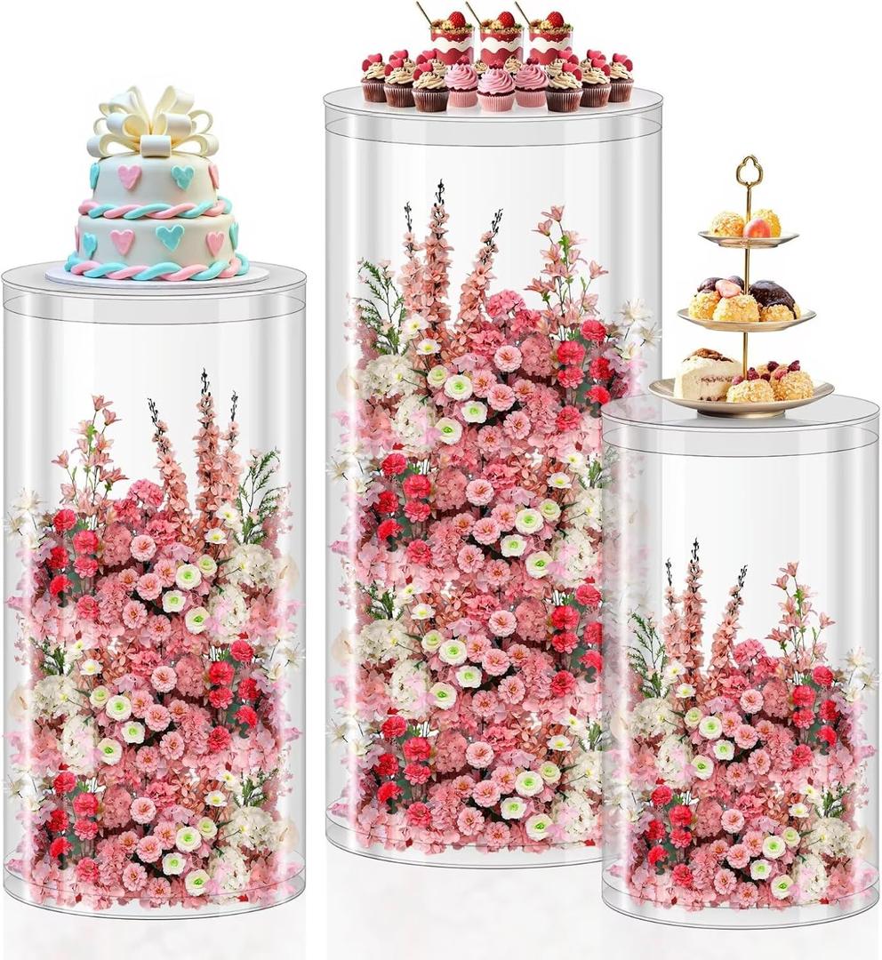 3Pcs Transparent Cylinder Pedestal Stands, Thickened PVC Round Pedestal Display Plinth Pillars for Wedding Birthday Babyshower Decoration Art Decor