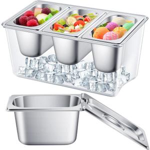 3 Containers Ice Chilled Condiment Caddy 30.5 oz Stainless Steel Serving Dish with Lids (3.75 Cup) for Bar Cold Accessories, Hummus, Fruit, Salad, Sauces, Restaurant Serving Party Supply